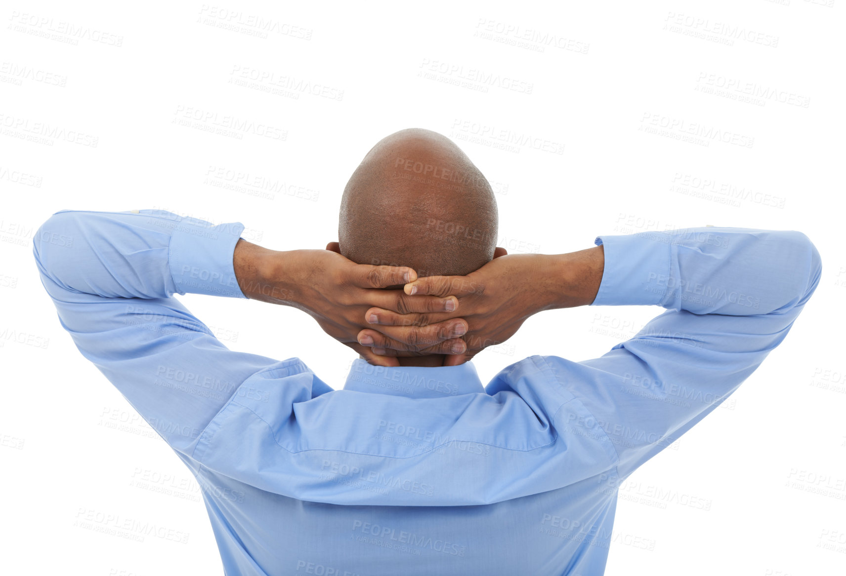 Buy stock photo Relax, hands behind head and business black man in studio isolated on white background for complete work. Back, career and done with professional employee in shirt feeling rest at corporate career