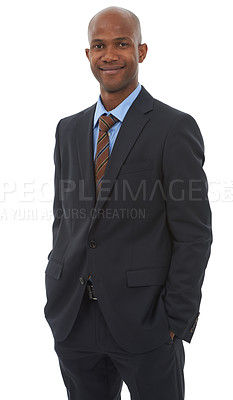 Buy stock photo Corporate, business and portrait of black man in a suit with confidence and pride in white background of studio. Happy, businessman and professional entrepreneur with formal, tie and fashion for work