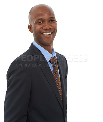 Buy stock photo Happy, lawyer and portrait of black man in suit with confidence and pride in white background of studio. Legal, advisor and professional businessman or consultant smile mindset for work in mockup