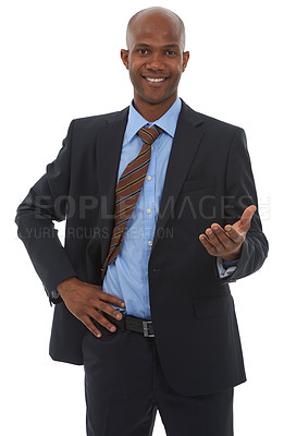 Buy stock photo Businessman, portrait and gesture to welcome company for client agreement as attorney for company, deal or professional. Male person, hand and smile in studio white background, corporate or mockup