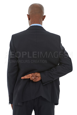 Buy stock photo Crime, lie and fingers crossed with business man in studio isolated on white background for secret or deception. Corporate, fraud and african employee with hand behind back for lying or corruption