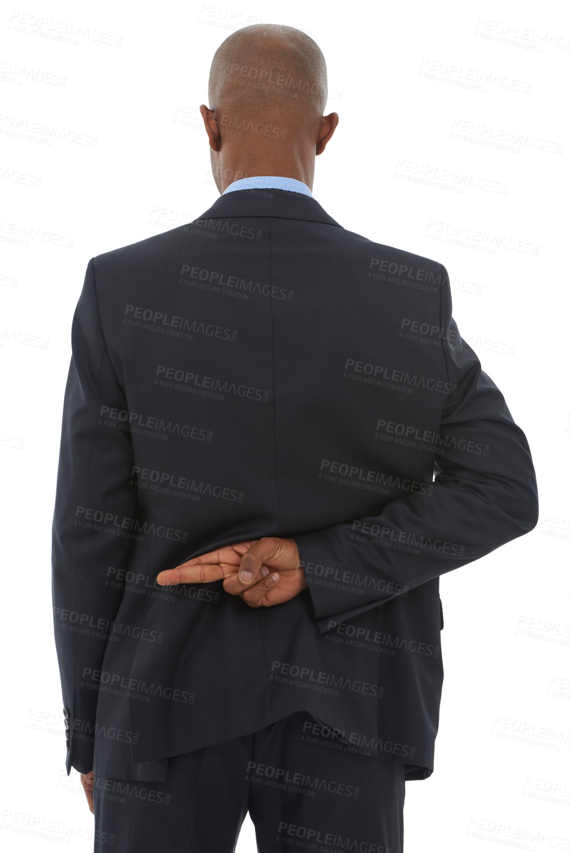Buy stock photo Crime, lie and fingers crossed with business man in studio isolated on white background for secret or deception. Corporate, fraud and african employee with hand behind back for lying or corruption