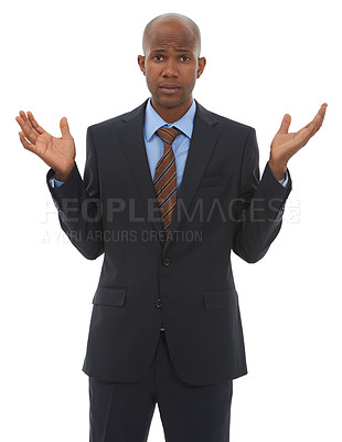 Buy stock photo Black man, portrait and hands out for business, question or puzzled on a white studio background. Confused African businessman or clueless employee in decision, choice or unsure in formal fashion