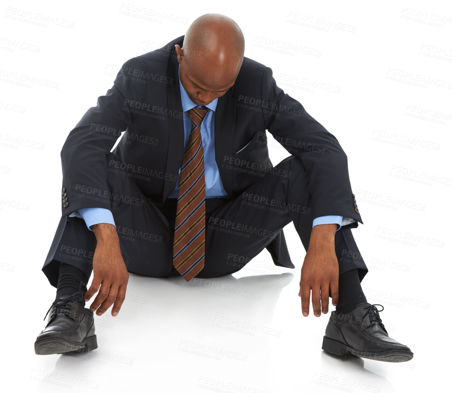 Buy stock photo Depression, unemployment or fail with business black man on floor of studio isolated on white background. Economy, financial crisis and employee in suit fired from career, job or work with stress