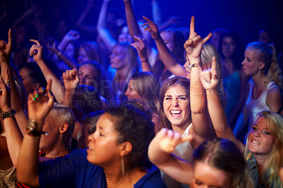 Buy stock photo Party, music concert and crowd dancing, happiness and cheerful with joy, fun and night club. Portrait, group or people with a smile, friends or bonding with celebration, social gathering and festival