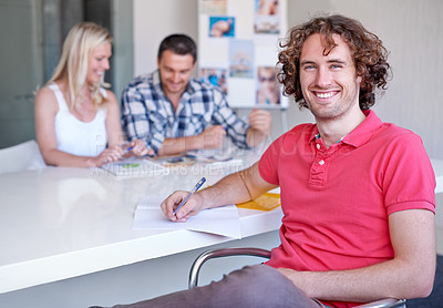 Buy stock photo Happy man, coworking or portrait of creative entrepreneur writing notes or ideas for business. Face, confident designer and male employee at desk working at startup job or career at company or office