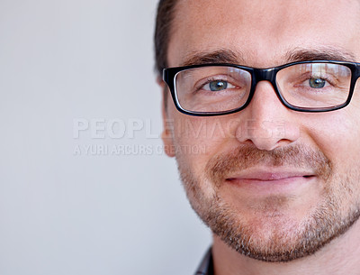 Buy stock photo Portrait, mockup and man with glasses, optometry and guy against a white studio background. Face, male person and model with eyewear, clear vision and optometry with sight, looking and see with eyes 