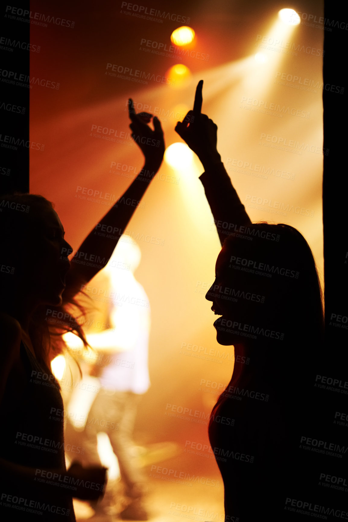 Buy stock photo Fans, silhouette and dance to music backstage at event and lights on band for performance at festival. Nightclub, party and people in audience excited for musician and listening to sound with freedom