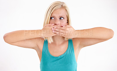 Buy stock photo Surprise, secret or woman cover mouth and thinking about announcement in studio on white background. Wow, shocked and girl with wtf, fake news or omg expression for gossip, mistake or crazy news