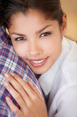 Buy stock photo Woman, closeup and embrace partner with face of love , happiness and care on date in India. Portrait, smile and girlfriend rest on shoulder of man or couple relax together bonding with romance
