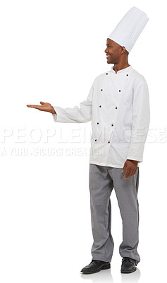 Buy stock photo Happy, chef and hand gesture in studio with friendly service and professional cook in hospitality job. Black man, positive and open palm small business in pride and uniform by hat by white background