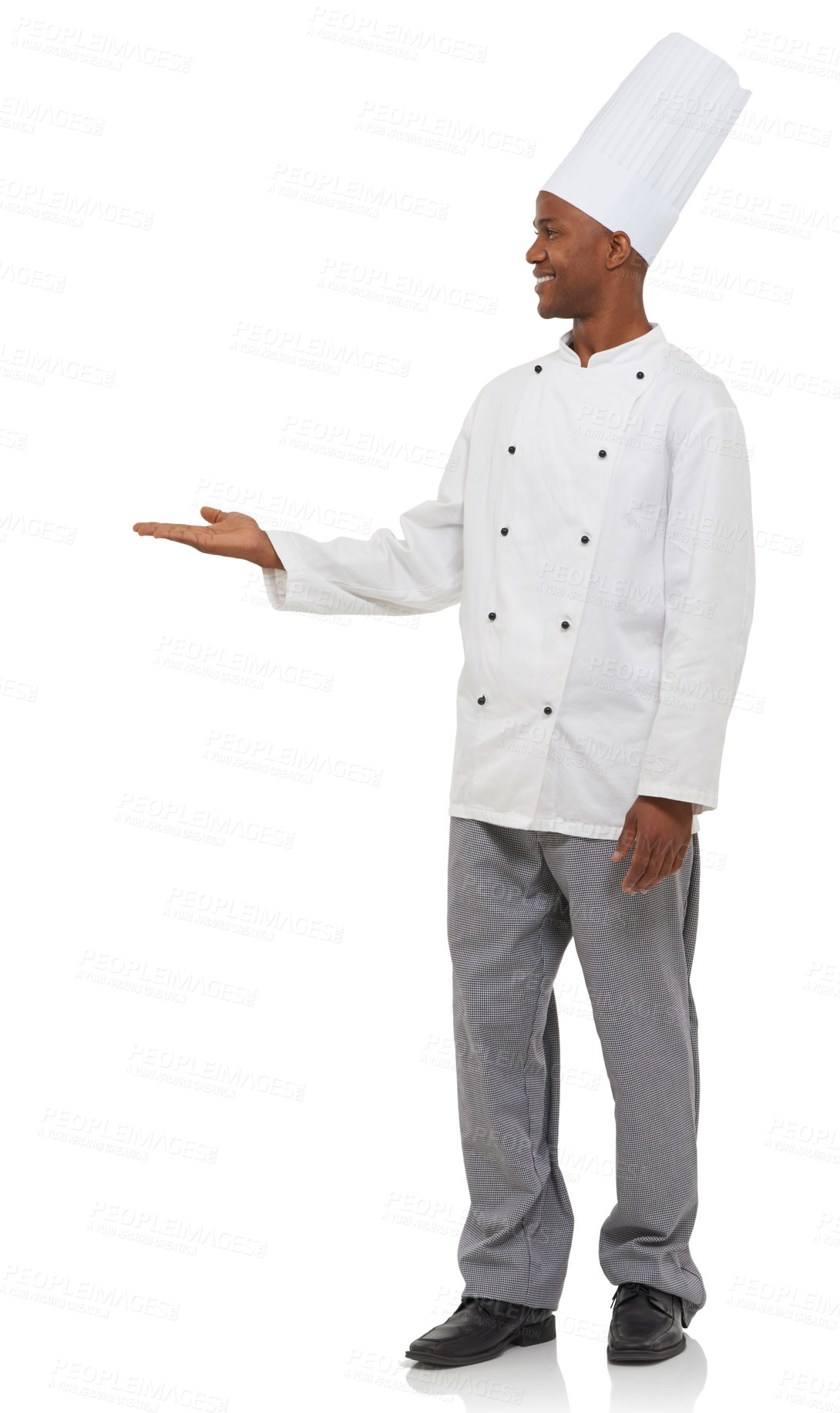 Buy stock photo Happy, chef and hand gesture in studio with friendly service and professional cook in hospitality job. Black man, positive and open palm small business in pride and uniform by hat by white background