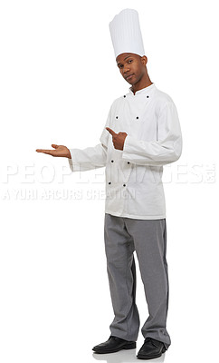 Buy stock photo Man, chef and pointing with hands, portrait and confident guy on white studio background. African person, culinary expert or mockup space with career, food industry and employee with uniform