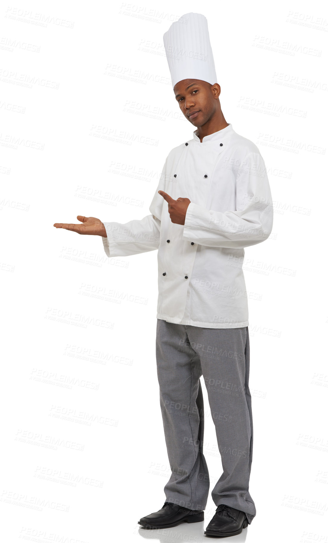 Buy stock photo Man, chef and pointing with hands, portrait and confident guy on white studio background. African person, culinary expert or mockup space with career, food industry and employee with uniform