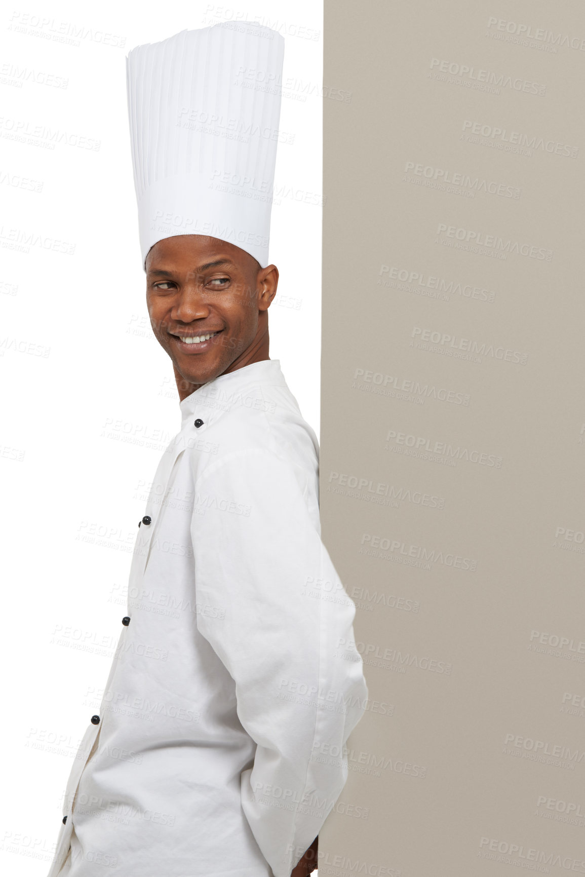 Buy stock photo Smile, man and chef on billboard menu in studio isolated on a white background mockup space. Happy, cooking and African person on poster for advertising, marketing and restaurant promotion banner
