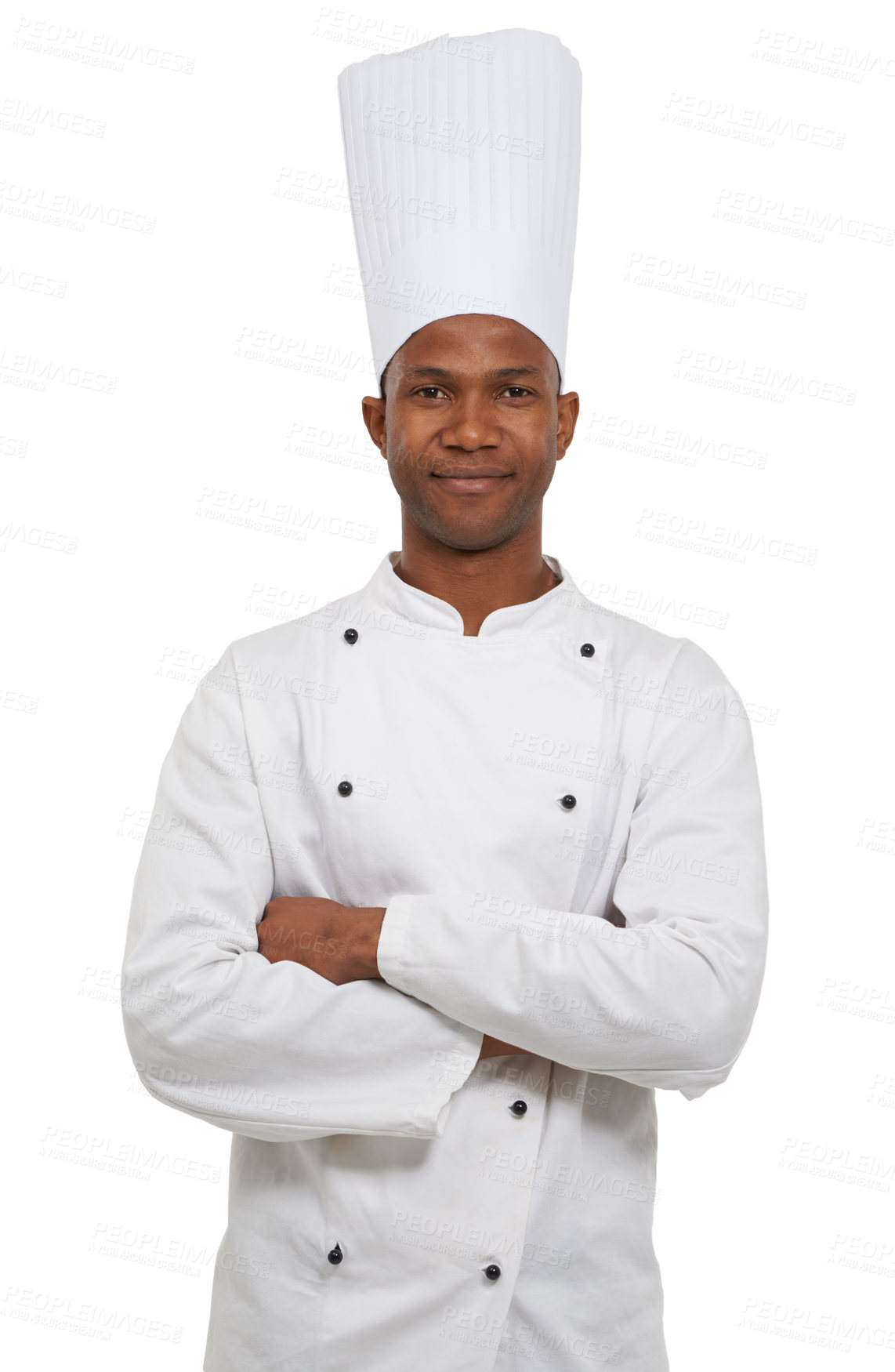 Buy stock photo Portrait, black chef and confident in studio in hospitality career, cooking job and small business entrepreneur. African man, arms crossed and food industry and uniform with hat by white background