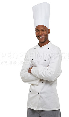 Buy stock photo Man, chef and portrait with arms crossed, professional and confident guy on white studio background. African person, culinary expert and mockup space with career, food industry and employee uniform