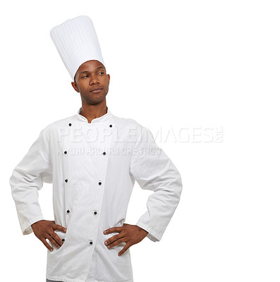 Buy stock photo Man, chef and thinking of idea, professional and confident guy on white studio background. African person, culinary expert and mockup space with career, hospitality industry and employee uniform