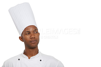 Buy stock photo Man, chef and thinking of food, professional and serious guy on white studio background. African person, culinary expert and mockup space with vision, hospitality industry and employee menu idea