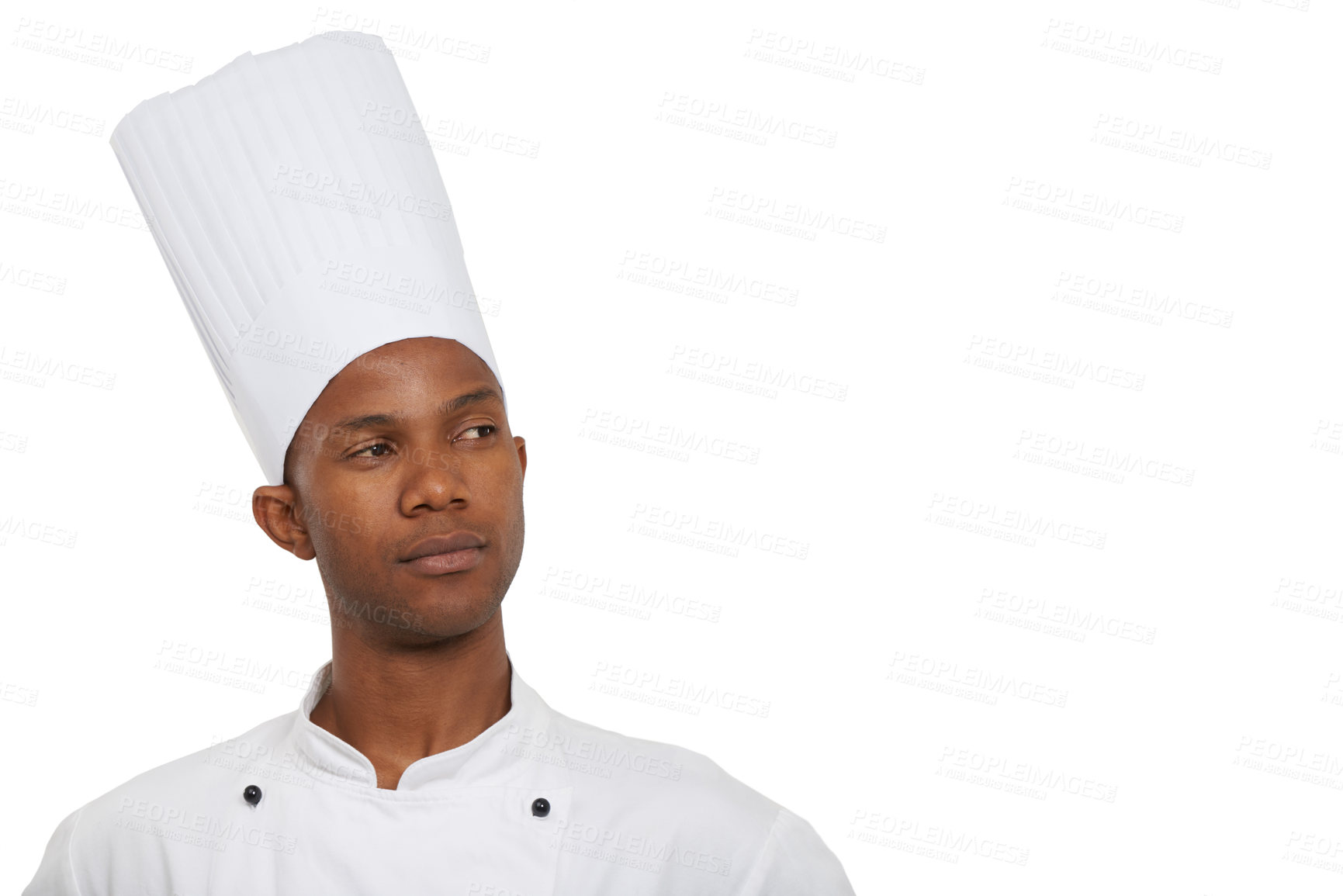 Buy stock photo Man, chef and thinking of food, professional and serious guy on white studio background. African person, culinary expert and mockup space with vision, hospitality industry and employee menu idea