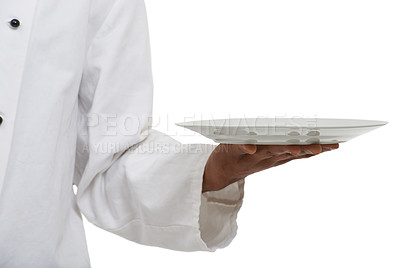 Buy stock photo Hands, chef and empty plate presentation in studio isolated on a white background mockup space. Waiter, cooking and show closeup of dish in catering service, professional advertising menu and dinner