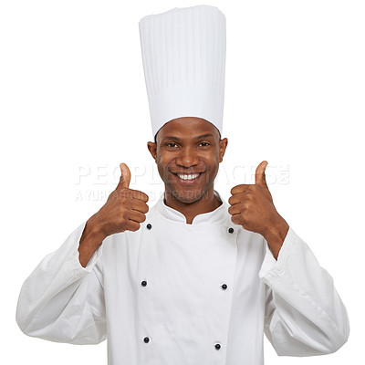 Buy stock photo Black man, chef and portrait with thumbs up, happy and confident guy on white studio background. African person, culinary expert and mockup space with career, food industry and employee uniform