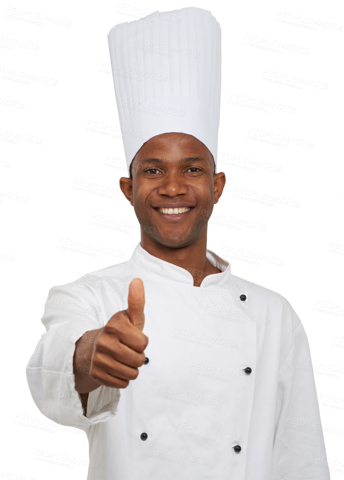 Buy stock photo Man, chef and portrait with thumbs up, worker and confident guy on white studio background. African person, culinary expert and mockup space with cooking career, food industry and employee uniform