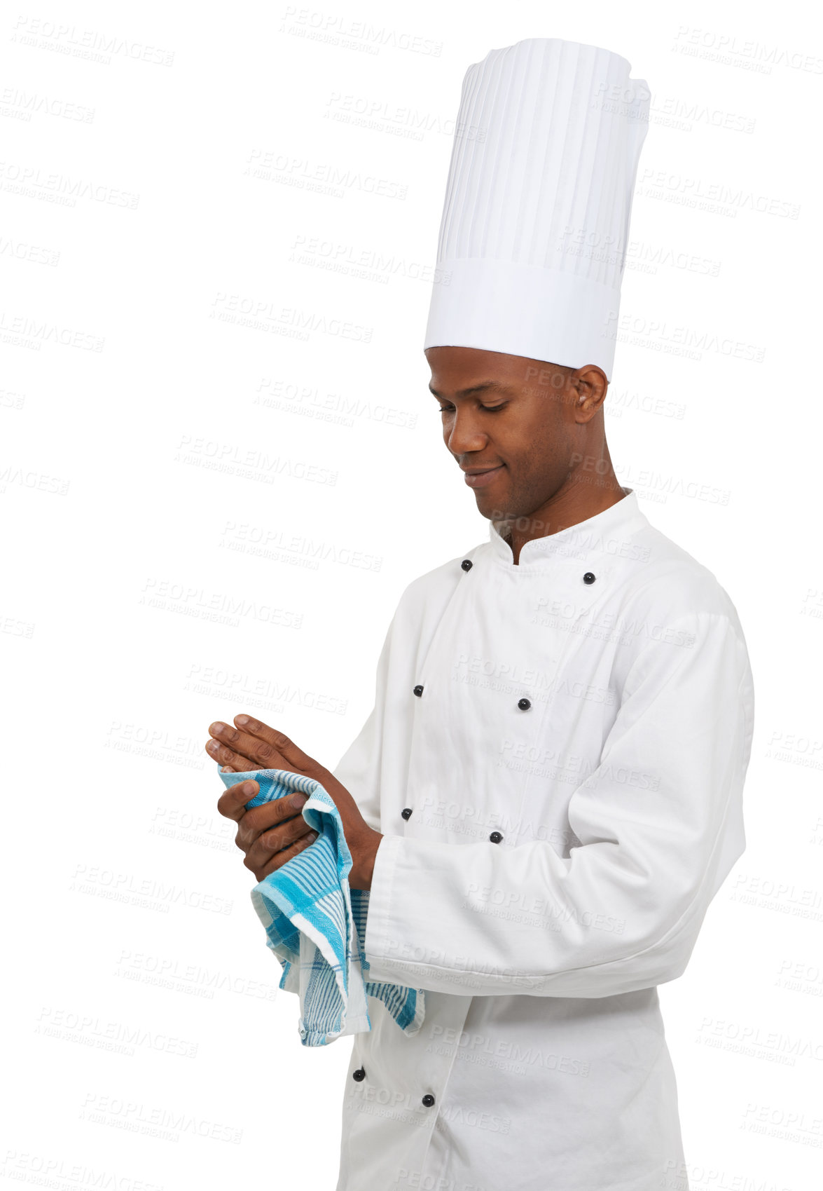 Buy stock photo Chef, man and wipe hands with towel in studio isolated on a white background. African person, cooking professional or cleaning in preparation for catering service, restaurant work or hygiene of baker