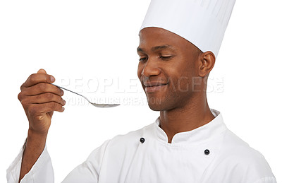 Buy stock photo Portrait, african chef and spoon to taste in studio, cooking and hospitality career and happy of dish in restaurant. Black man, smile and pride in creative recipe and catering job by white background