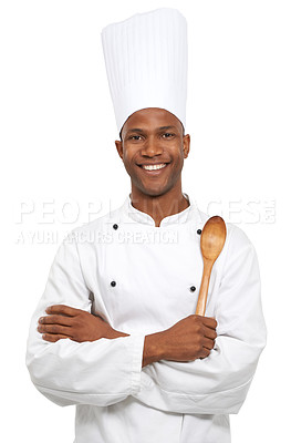 Buy stock photo An african chef holding cooking utensils