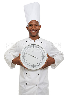 Buy stock photo Chef, portrait and happy man with clock for time, speed or deadline isolated on a white studio background. Face, cooking professional and countdown alarm, schedule or fast African person in catering