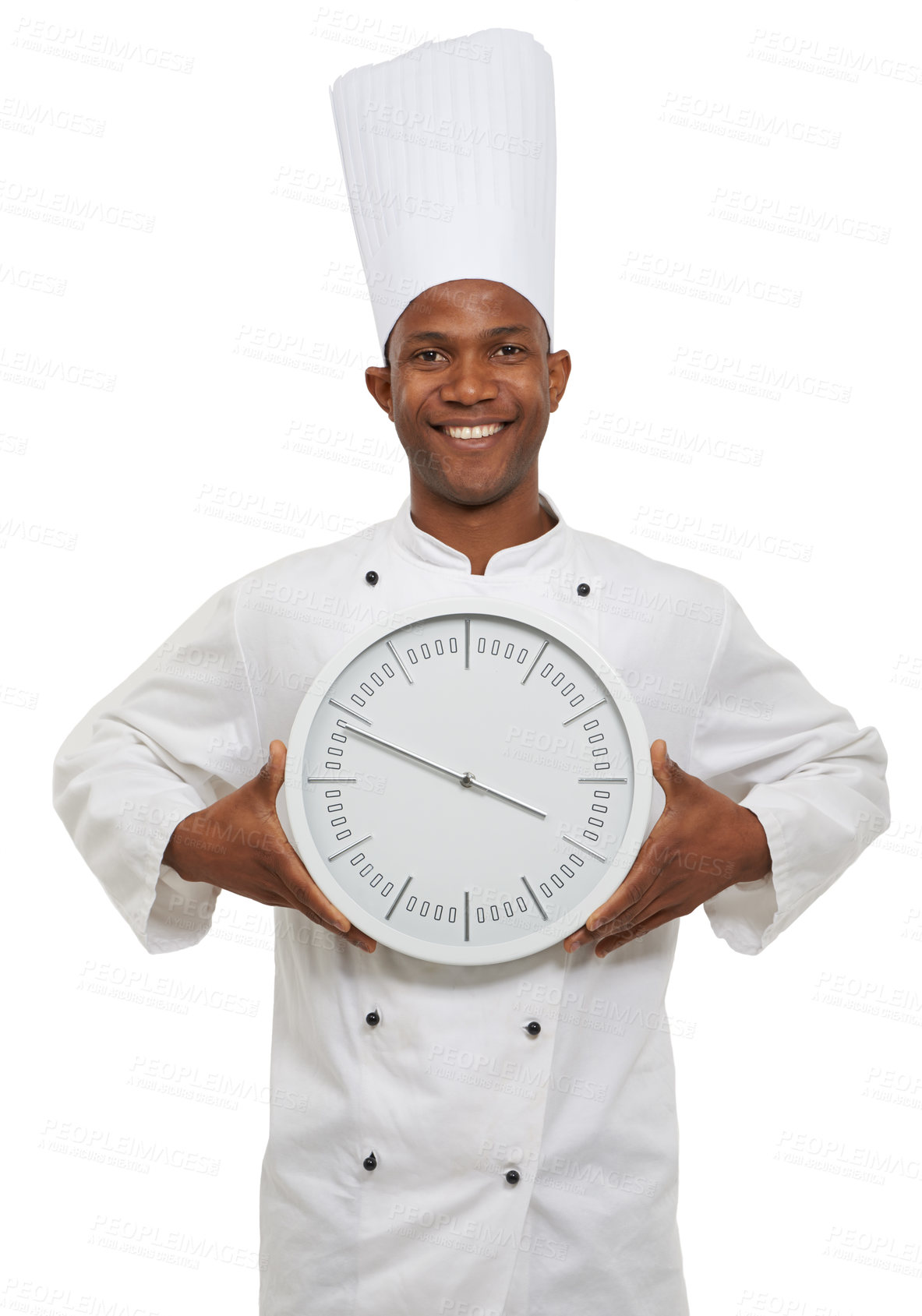 Buy stock photo Chef, portrait and happy man with clock for time, speed or deadline isolated on a white studio background. Face, cooking professional and countdown alarm, schedule or fast African person in catering