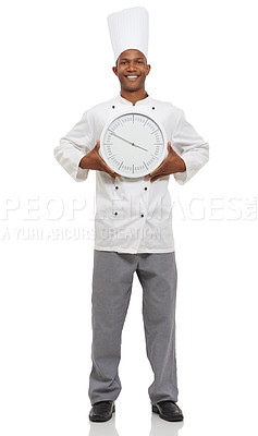Buy stock photo Chef, clock and portrait of happy black man with time, speed or deadline isolated on a white studio background. Smile, cooking professional and countdown alarm for fast urgency in catering service
