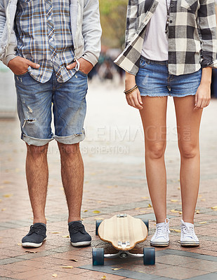 Buy stock photo Legs, city and couple of friends for skateboard ride, outdoor exercise or urban training for sports challenge. Recreational activity, feet and skateboarder for street journey, hobby or skate practice