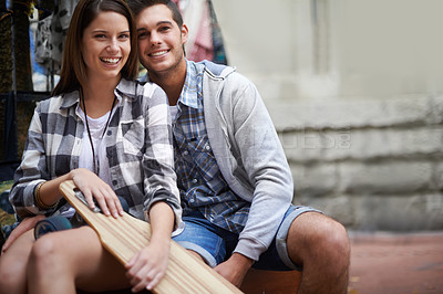 Buy stock photo Couple, skateboarding and portrait in city, happy and excited to learn together and romantic relationship. Cape town, fun and hobby with boyfriend and girlfriend in street, relaxing and dating