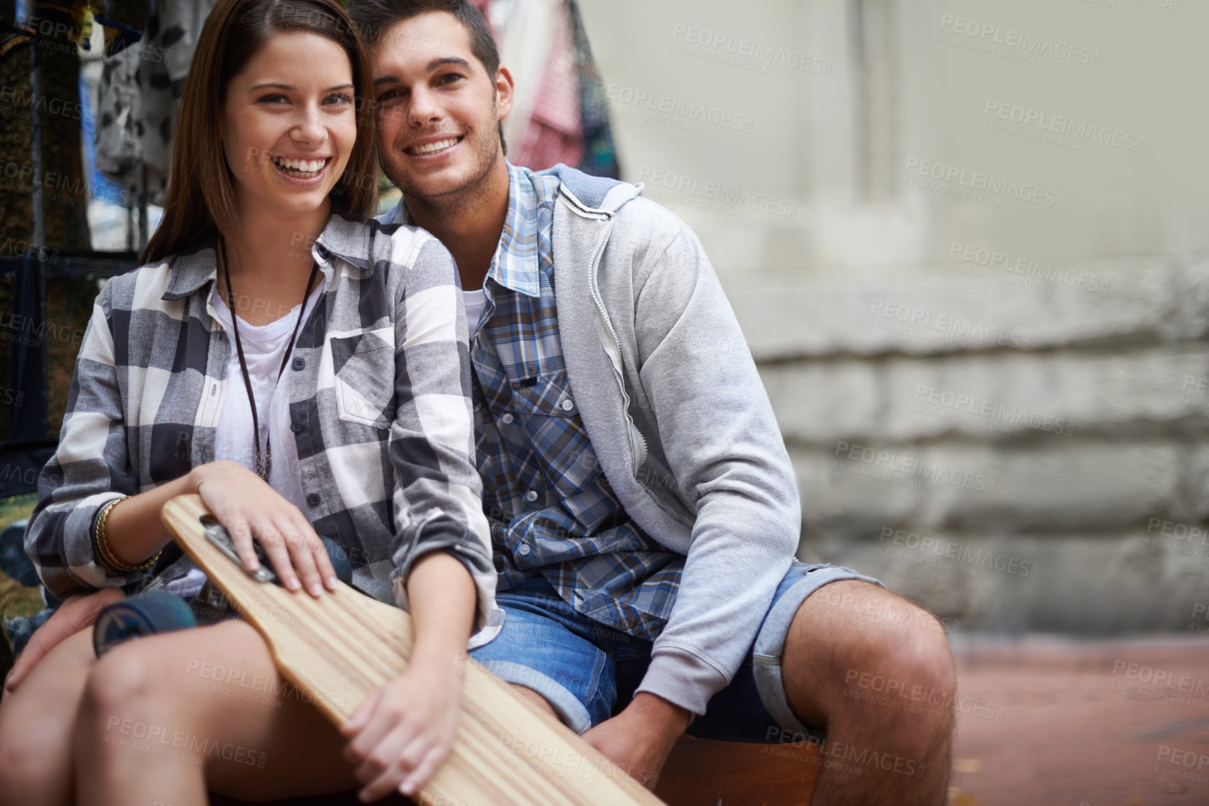 Buy stock photo Couple, skateboarding and portrait in city, happy and excited to learn together and romantic relationship. Cape town, fun and hobby with boyfriend and girlfriend in street, relaxing and dating