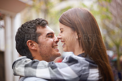 Buy stock photo Love, hug and happy couple laughing together, having fun and enjoy outdoor date with care, support and romance. Wellness, funny joke and face of boyfriend, girlfriend or people embrace in urban city