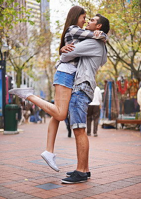 Buy stock photo Couple, hug and outdoor in city, happy and excited with love, bonding together and romantic relationship. Cape town, embrace and enjoy with boyfriend and girlfriend in street, summer and dating