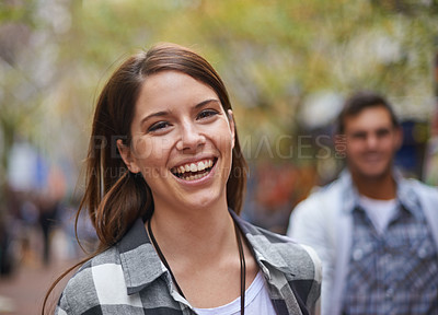 Buy stock photo Smile, walking and portrait of woman on city journey, morning trip and tour of urban Paris for outdoor adventure. Wellness, happiness or face of bonding people, partner or girlfriend on relax commute