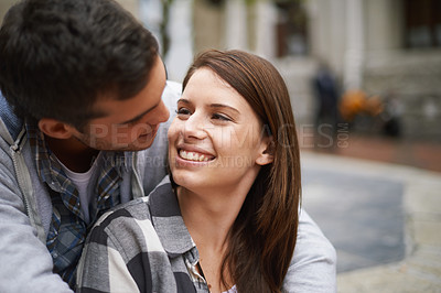 Buy stock photo Love, eye contact and happy couple hug together, relax and enjoy outdoor date with care, support and romance. Wellness, happiness and face of boyfriend, girlfriend or people smile for relationship 