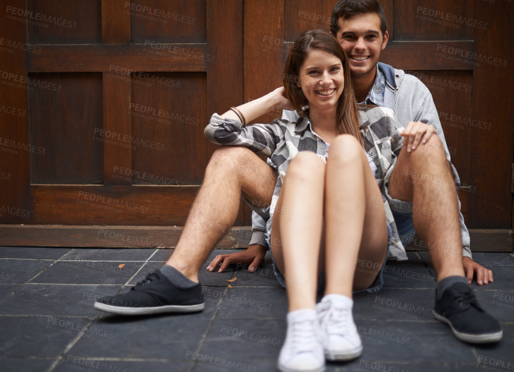 Buy stock photo Portrait, floor and relax couple smile, happy and enjoy weekend together for comfort, bonding and romantic connection. Ground, love and gen z people care for relationship, happiness and devotion