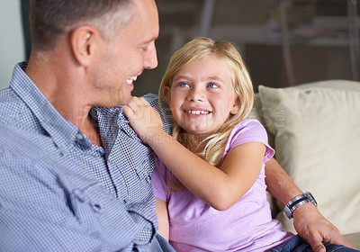 Buy stock photo Father, girl and embrace for bonding with love and happy childhood by single parent at home. Daughter, daddy and together in hug, family and support or security and enjoying connection and care