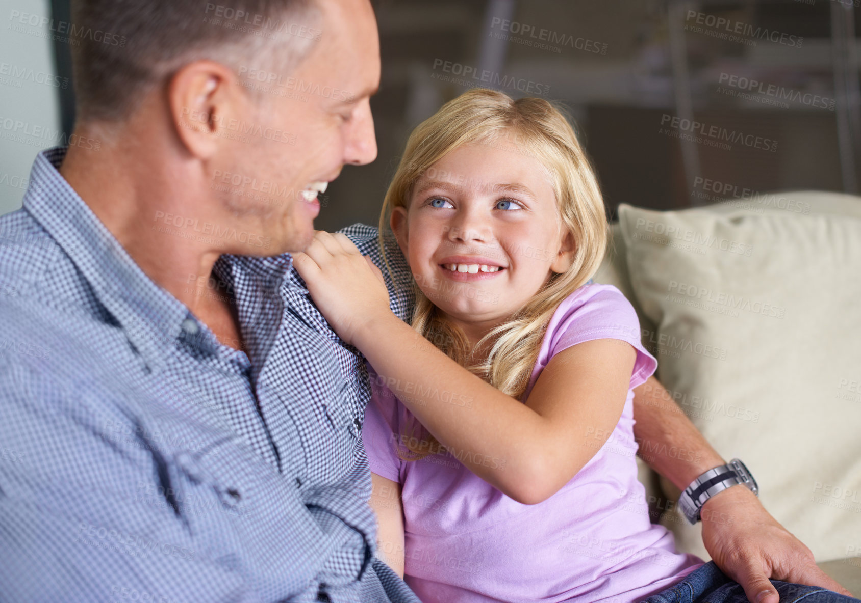 Buy stock photo Father, girl and embrace for bonding with love and happy childhood by single parent at home. Daughter, daddy and together in hug, family and support or security and enjoying connection and care