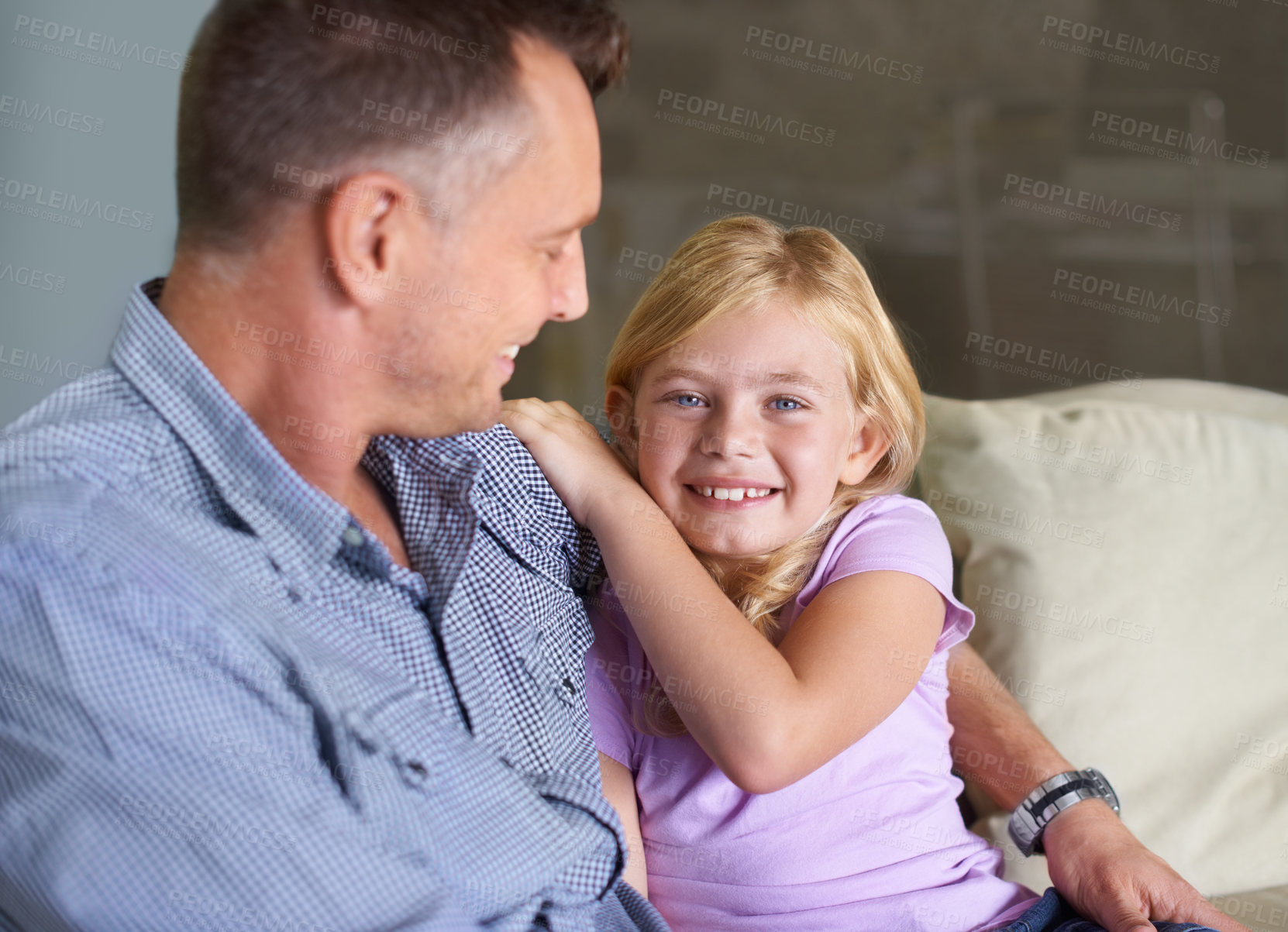 Buy stock photo Father, girl and hug in portrait, support and happiness or love in childhood by single parent at home. Daughter, daddy and together in embrace, trust and bonding or security and connection on couch