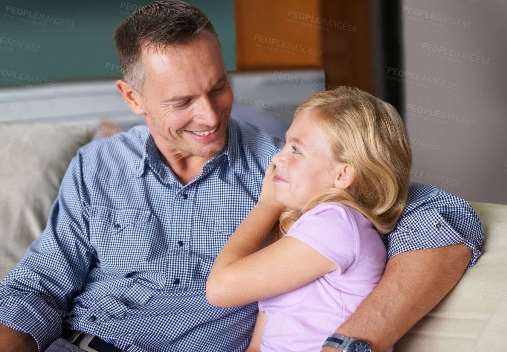 Buy stock photo Father, girl and hug for bonding, happiness and love in childhood by single parent at home. Daughter, daddy and together in embrace, trust and support or security and enjoying connection and care