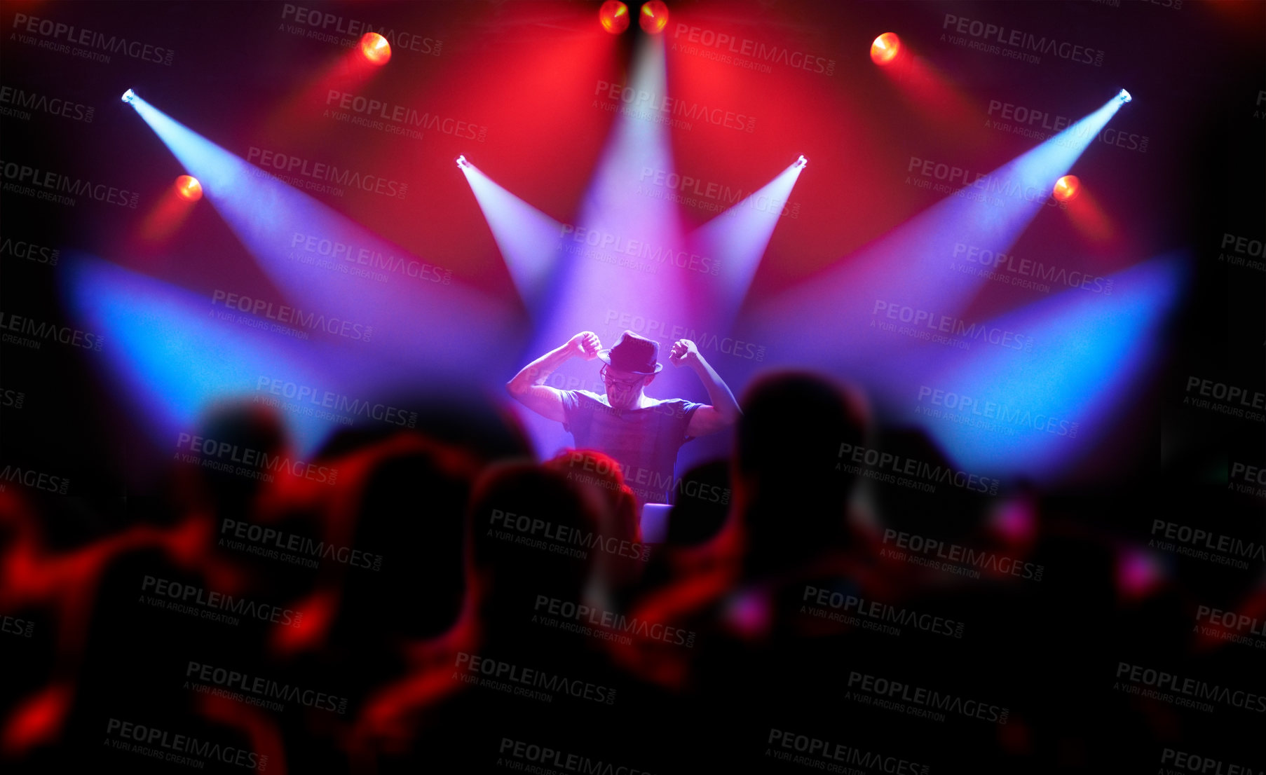 Buy stock photo REarview shot of a large group of music fans looking at a musician on stage