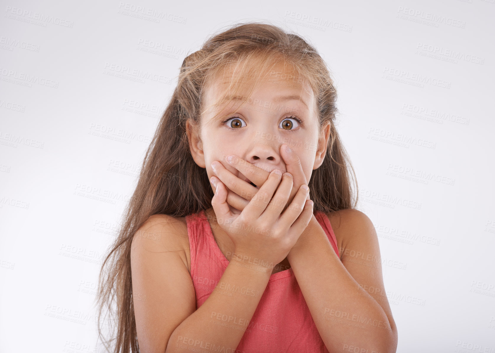 Buy stock photo Shock, portrait and hands over mouth, girl kid with reaction and unexpected news with surprise on white background. Announcement, alarm and youth in studio with facial expression and wow for drama