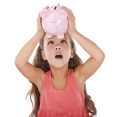 Buy stock photo Girl, child and shock for piggy bank in studio, inflation and financial planning on white background. Female person, investment risk and loan for future, moneybox and insurance for bankruptcy in jar