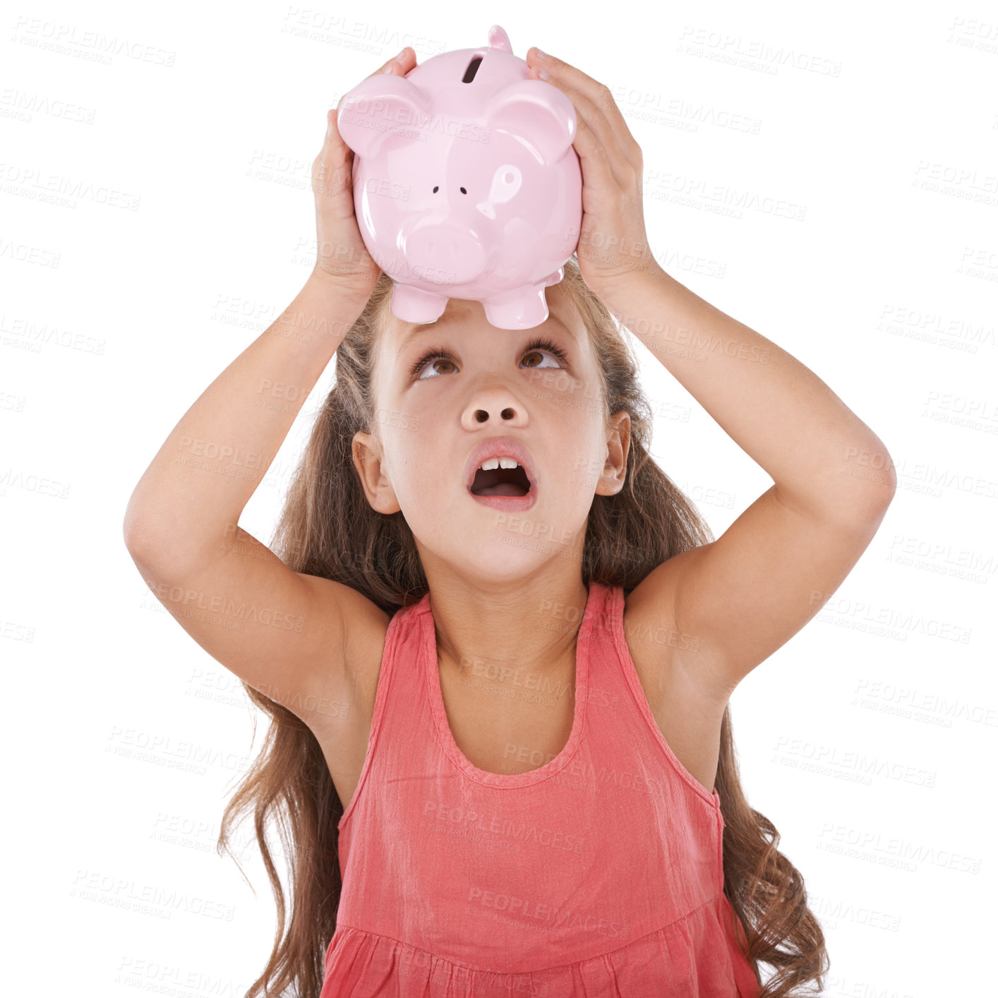 Buy stock photo Girl, child and shock for piggy bank in studio, inflation and financial planning on white background. Female person, investment risk and loan for future, moneybox and insurance for bankruptcy in jar