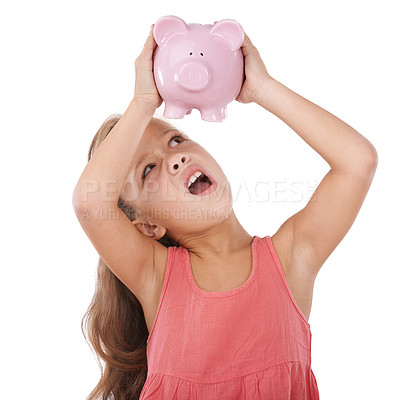 Buy stock photo Girl child, piggy bank and shake for money, studio and thinking or searching for saving by white background. Confused kid, container or animal toys for coins, cash or learning for financial education